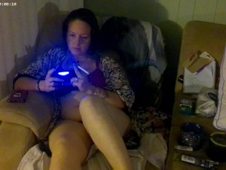 Busty Long Hair Gamer Girl In Bra and Panties Playing Smoking Cigarettes Part 2