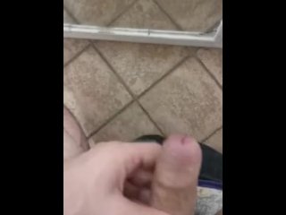 Chubby guy jerking off in front of the mirror and cumming on the floor