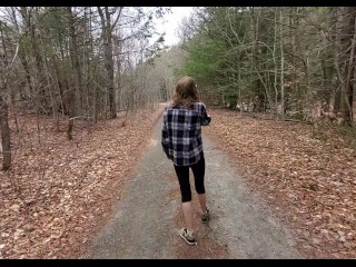 Cute country girl walking down country road flashing her tits and pussy