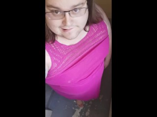 Chub Trans Sucks Dildo in Public Staircase with Body Writing