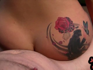 POV oiled bosomy tattooed babe fucked after cocksucking