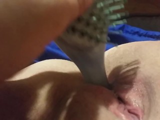 Slut uses hairbrush on tight pussy to squirt and get off