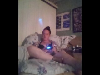 BBW Smoking Cigarettes and Playing Video Games In Black Bra and Panties