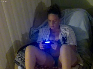 Long Hair Busty Gamer Girl In Her Bra and Panties For Fans