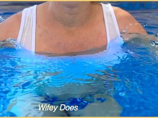 Amazing hot wife in Wet T-shirt in the Pool | Risky public exhibitionist | OF @wifeydoespremium