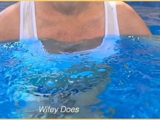 Amazing hot wife in Wet T-shirt in the Pool | Risky public exhibitionist | OF @wifeydoespremium