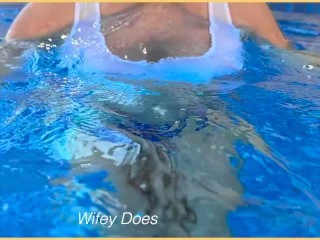 Amazing hot wife in Wet T-shirt in the Pool | Risky public exhibitionist | OF @wifeydoespremium