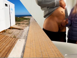 Dick Flash! A girl catches me masturbating in a public toilet on the beach and helps me finish