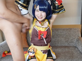 Japanese cosplayer gives a guy an armpitjob and handjob.