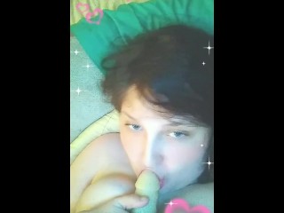 Solo Chubby Babe sucks cock while using her huge DDD natural tits