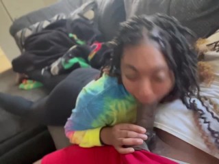 Small petite ebony sucks BBC sneaky blowjob during study time slurp slurp