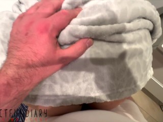amateur quickie in the bathroom - pov filmed curvy lady in a fluffy bathrobe