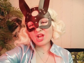 Strap-on JOI in rabbit mask and PVC coat - sexy blonde MILF dirty talk role play (Arya Grander)