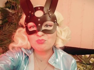 Strap-on JOI in rabbit mask and PVC coat - sexy blonde MILF dirty talk role play (Arya Grander)