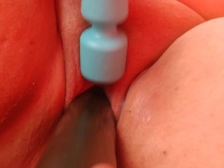 Wife takes cucumber while she rubs her clit with toy!