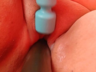 Wife takes cucumber while she rubs her clit with toy!