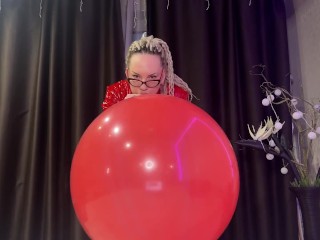 Looner girl in glasses and red PVC dress blow BIG red balloon and pop it with ass. DM to get full