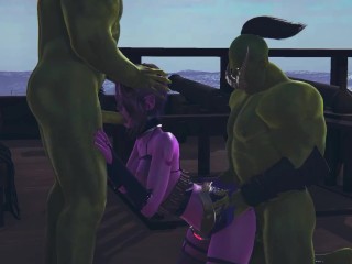 Two orcs fucked a dark elf and cum on her face and ass