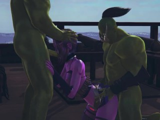 Two orcs fucked a dark elf and cum on her face and ass