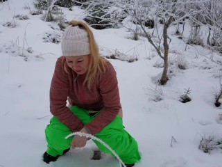 Popping out to pee in the snow when filming porn at the hunting lodge