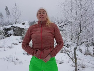 Popping out to pee in the snow when filming porn at the hunting lodge