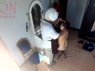 Do you want to cut my hair? I'm a naked client at the stylist's barbershop. Nude stylist 22