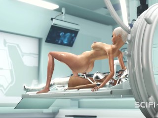 Space sex in the sci-fi lab. A hot young hottie has anal sex with a female dickgirl