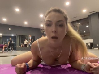 Stretching in gym and flashing nipples. boobs fall out in public.