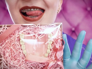 ASMR: eating food with braces, blue nitrile gloves fetish (SFW video) Arya Grander