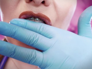 ASMR: eating food with braces, blue nitrile gloves fetish (SFW video) Arya Grander