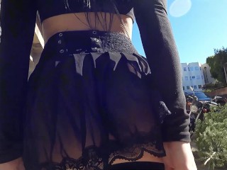 Teaser - public upskirt pussy flashing in a sheer skirt - no panties!