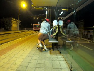 Quick risky sex at public bus stop with squirt orgasm and cum in my mouth Dada Deville