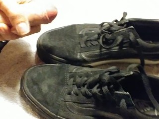 Big dick stains black Vans with nice load of cum