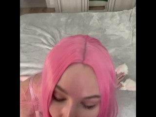 Girl with pink hair gives a blow job and then gets fucked