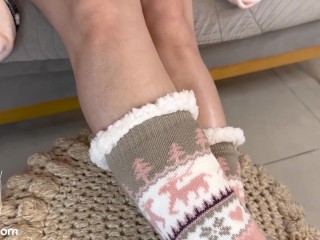 Winter socks footjob and cum on soles with socks