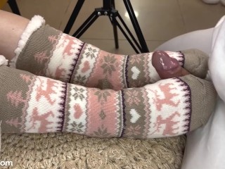 Winter socks footjob and cum on soles with socks