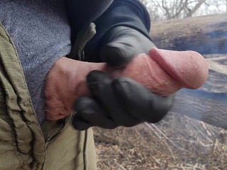 Big Dick Cumshot Next to a Fire in the Forest
