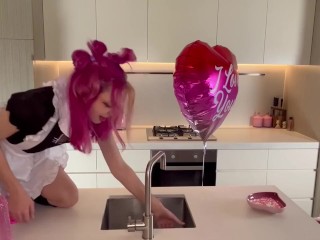 Cosplay anime maid wants to play while Master is away