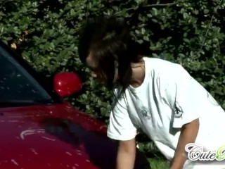 Cute rain gets wet washing car with lesbo