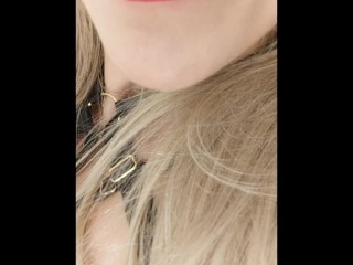 Mouth tongue fetish during masturbation.  Lady Blonde in sexy harness and lipstick