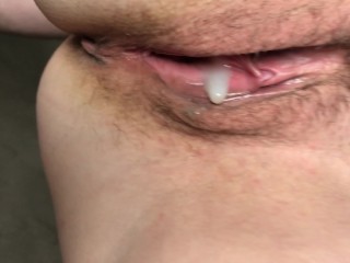 Wife let me look at her pissing gaping pussy, for which she get a huge cum load inside. Close-up.