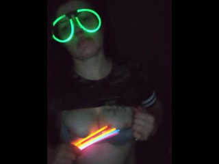 Fucking my mouth and pussy with glow sticks