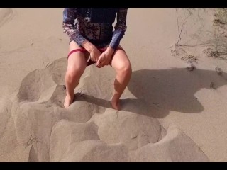 Tour guide in the middle of desert outdoors is watched while she pees on sand in public open pussy