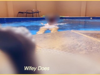 Amazing hot wife in Wet T-shirt in the hotel Pool | Risky public exhibitionist