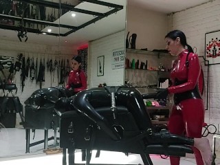 Progressive Anal Training for Rubber Slave - Lady Bellatrix with her strap-on in catsuit (teaser)