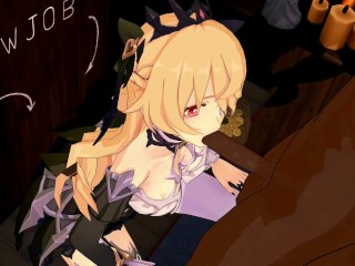 Genshin Impact Fischl BlowJob Hentai Blonde Girl Half Naked MMD 3D Dark Brown Clothes CE SMIXIX