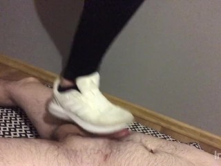 Trampling cocks and balls in white adidas (CBT)