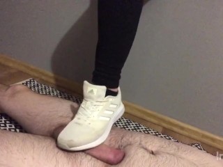 Trampling cocks and balls in white adidas (CBT)