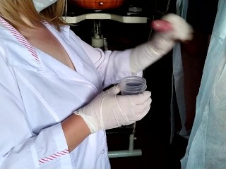 Caring female doctor taking a cum analysis on her knees