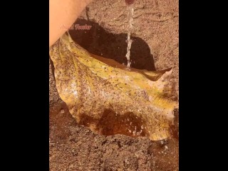 Girl Pissing on a large leaf that has fallen from a tree to the ground in Nature Park